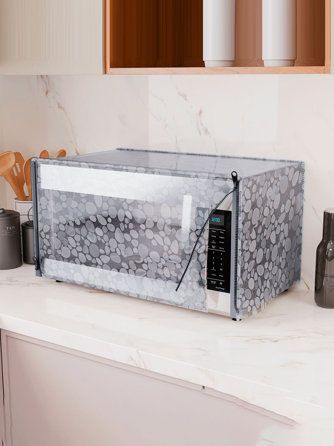 Kuber Industries Transparent & White Stone Printed Microwave Oven Cover