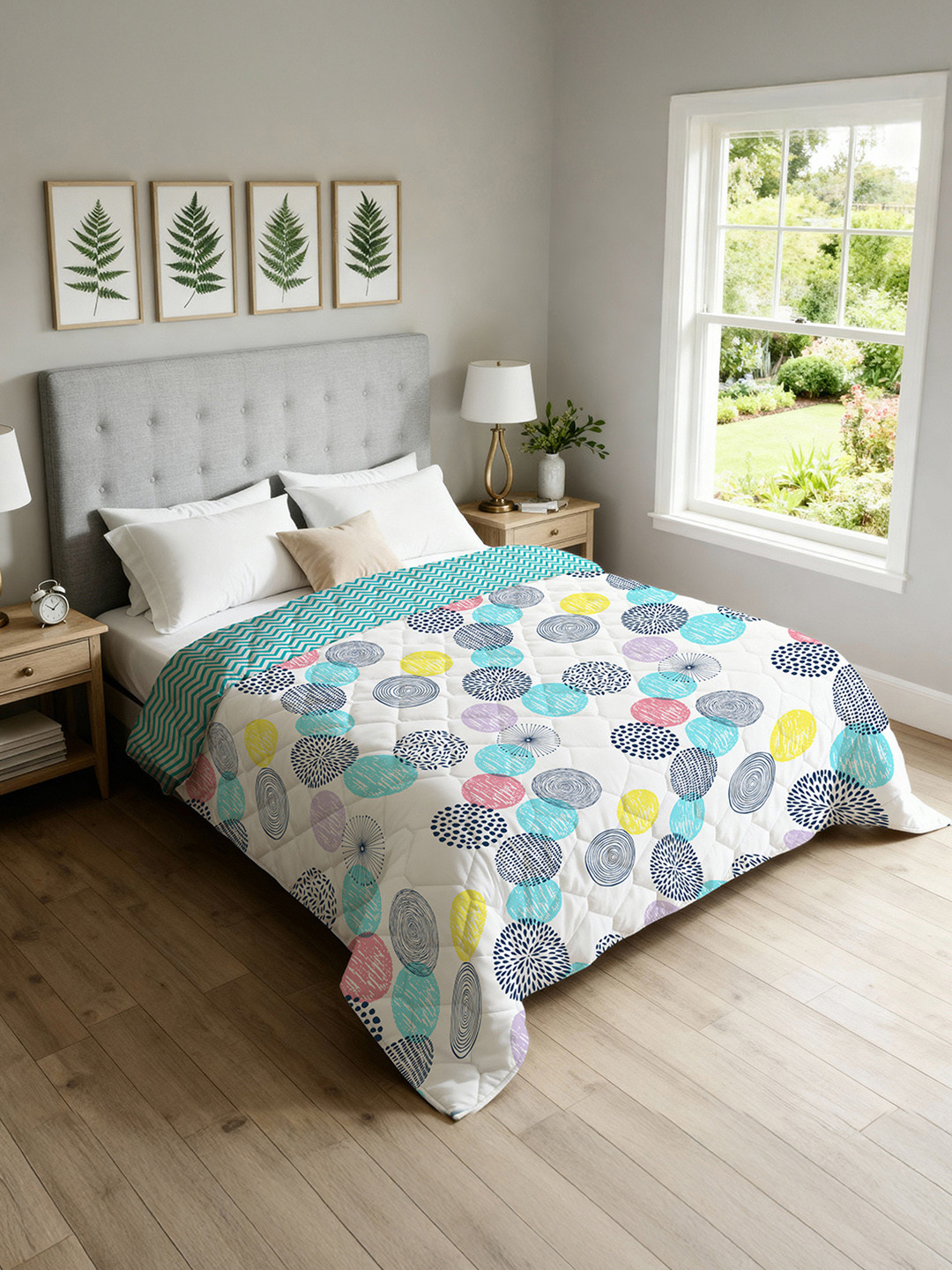 URBAN SPACE White & Blue Geometric AC Room Double Bed Blanket