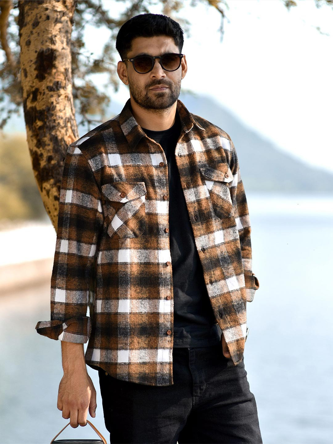 Beyoung Men Checked Spread Collar Flannel Shirt