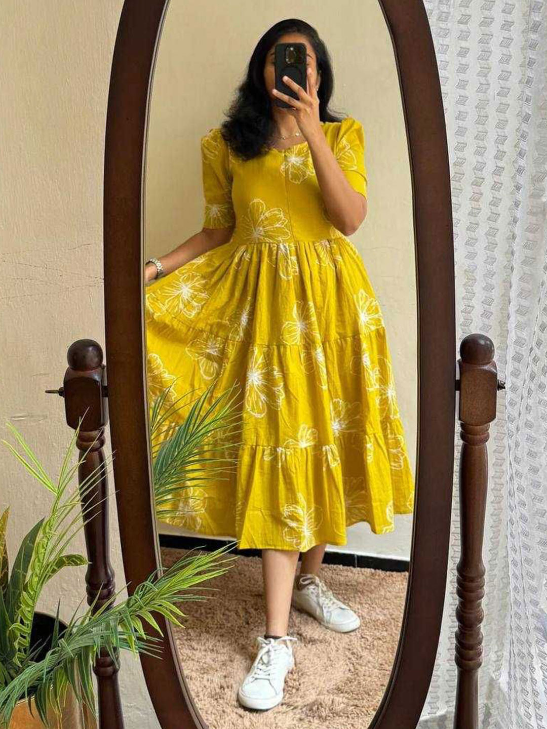 JRH Fashions Floral Print Puff Sleeve A-Line Midi Dress