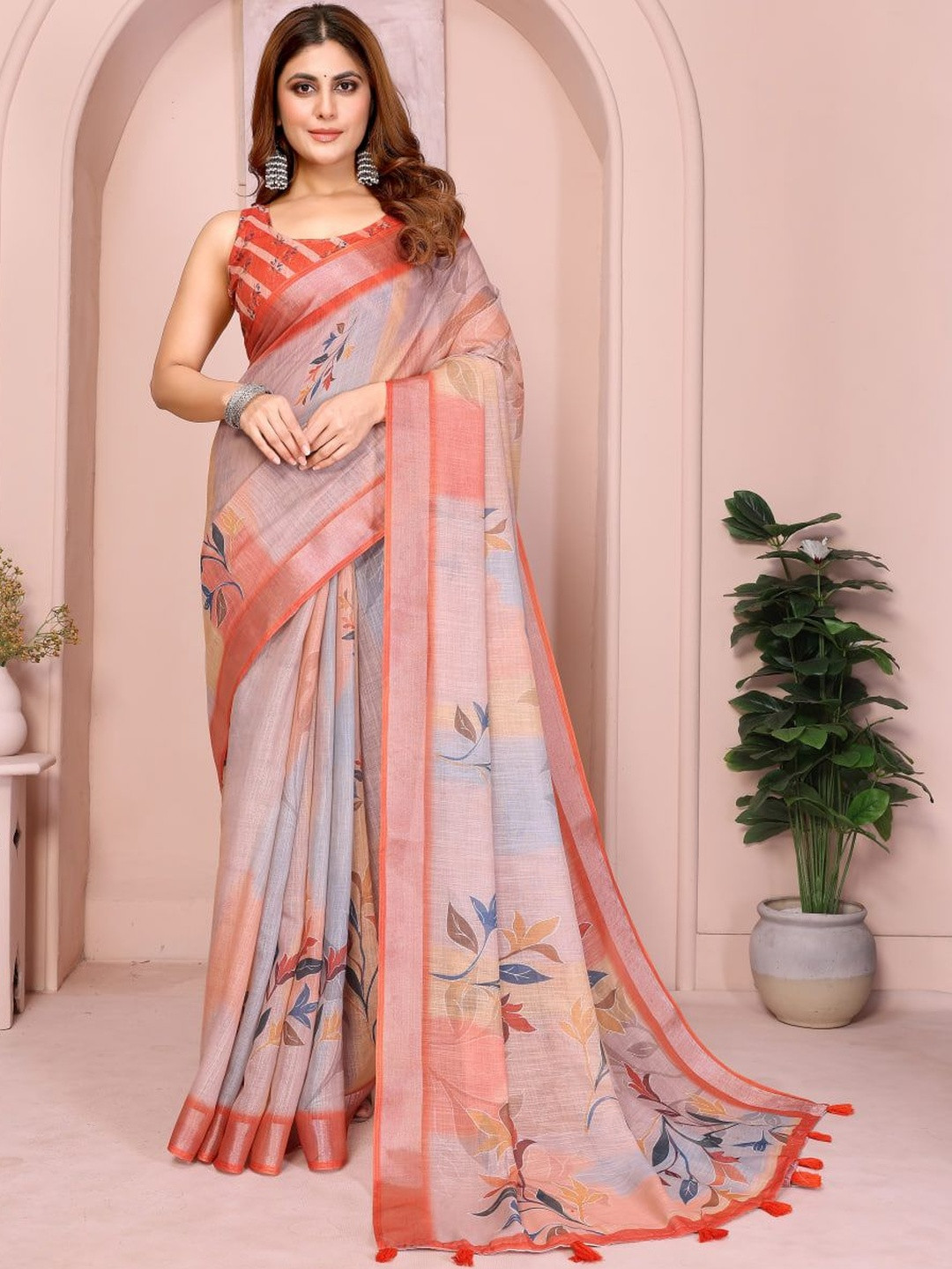 S B SONS CREATION Floral Pure Linen Handloom Saree