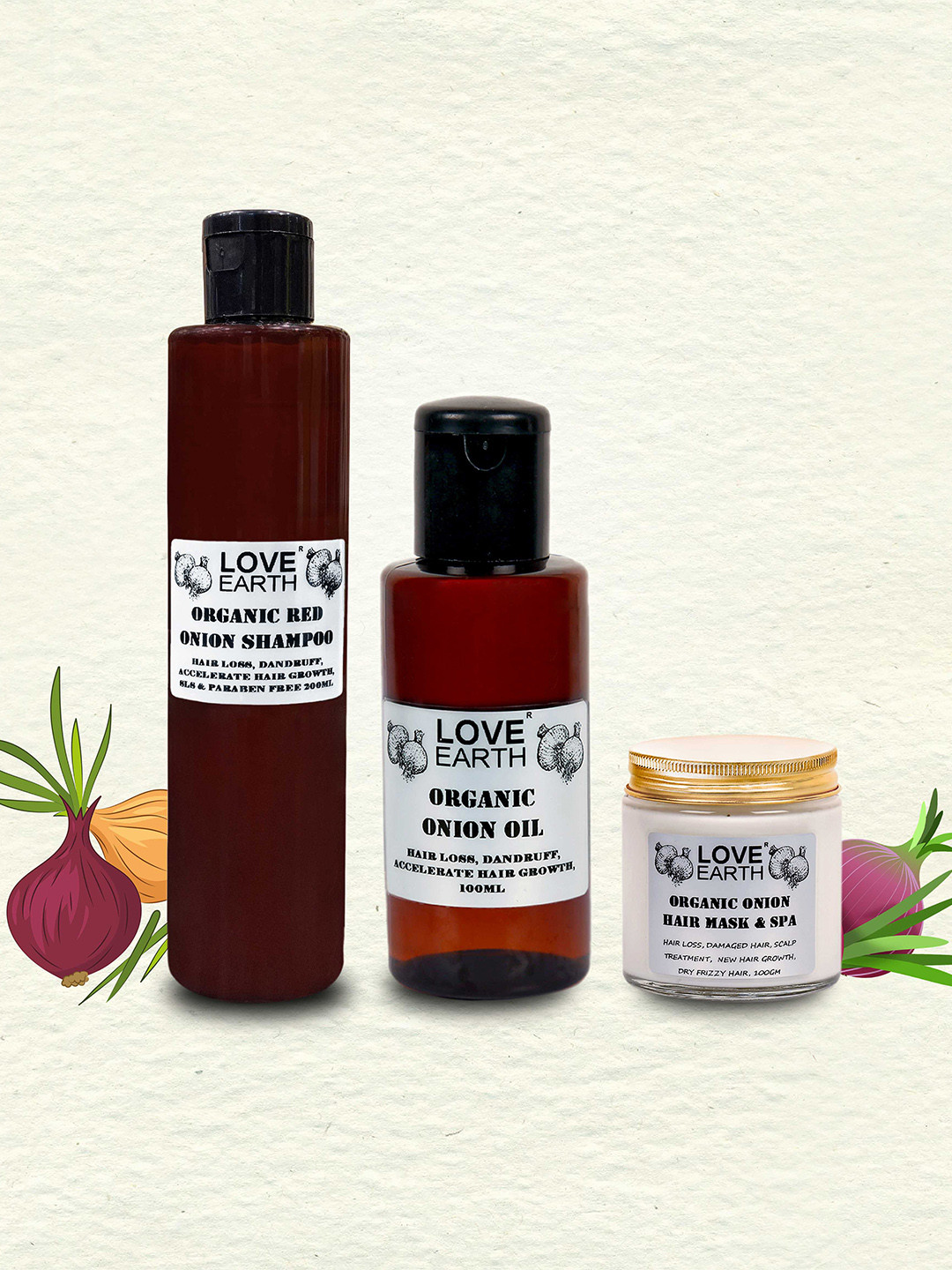 LOVE EARTH Set Of 3 Organic Onion Shampoo+Oil+Mask Spa