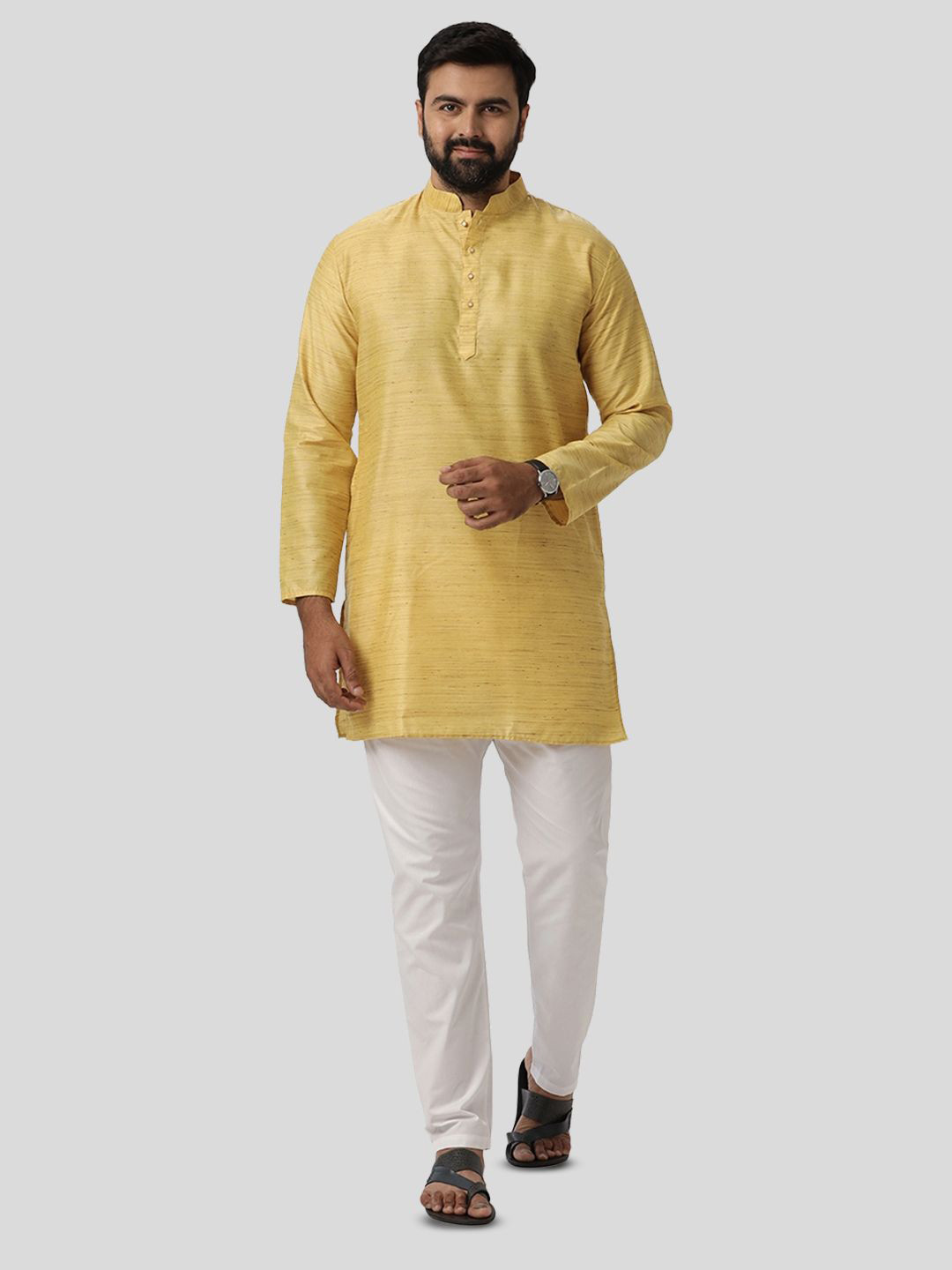 UATHAYAM Men Yellow Kraft Cotton Blend Long Kurta