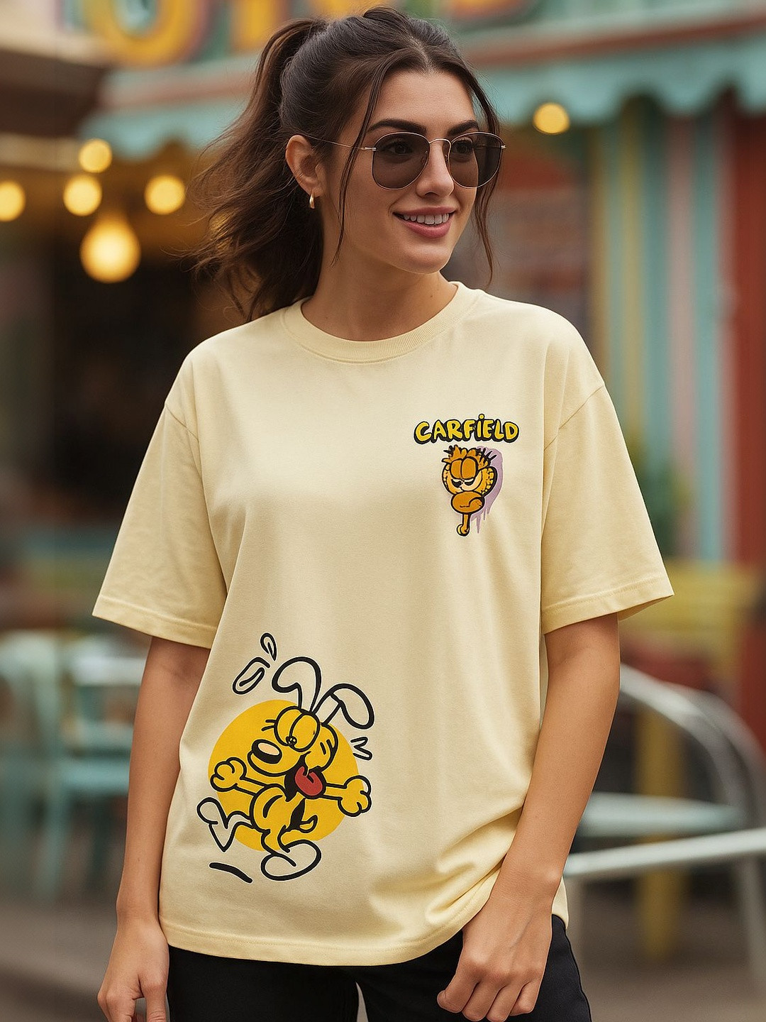 Moda Rapido Women Garfield Printed Oversized T-shirt