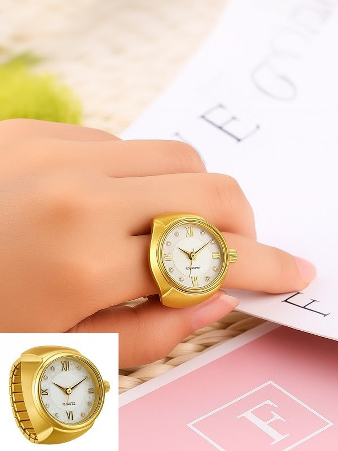 Uniqon Gold-Plated Adjustable Analog Ring Watch