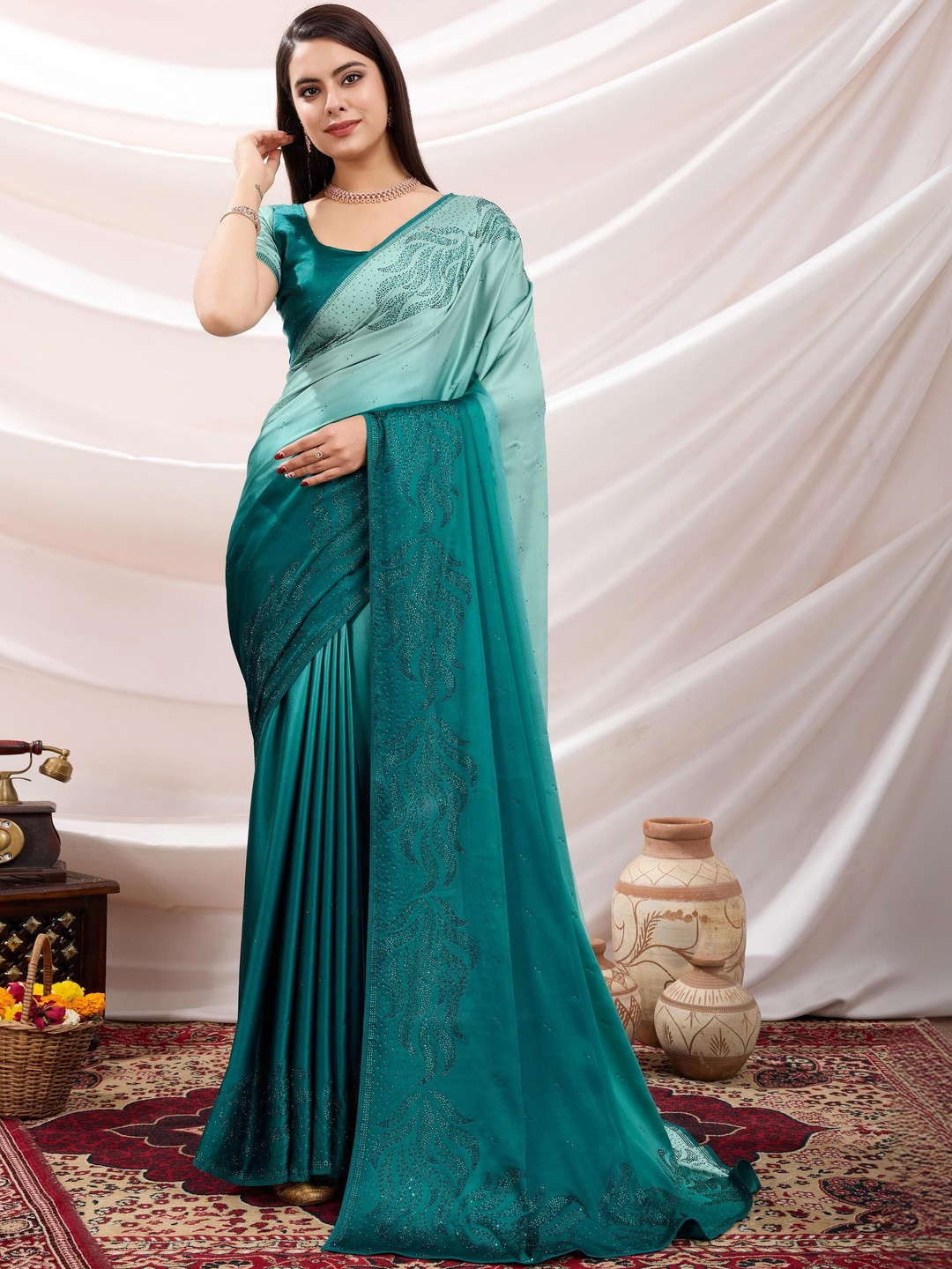 Smart Stree Ethnic Motifs Sequinned Satin Heavy Work Saree