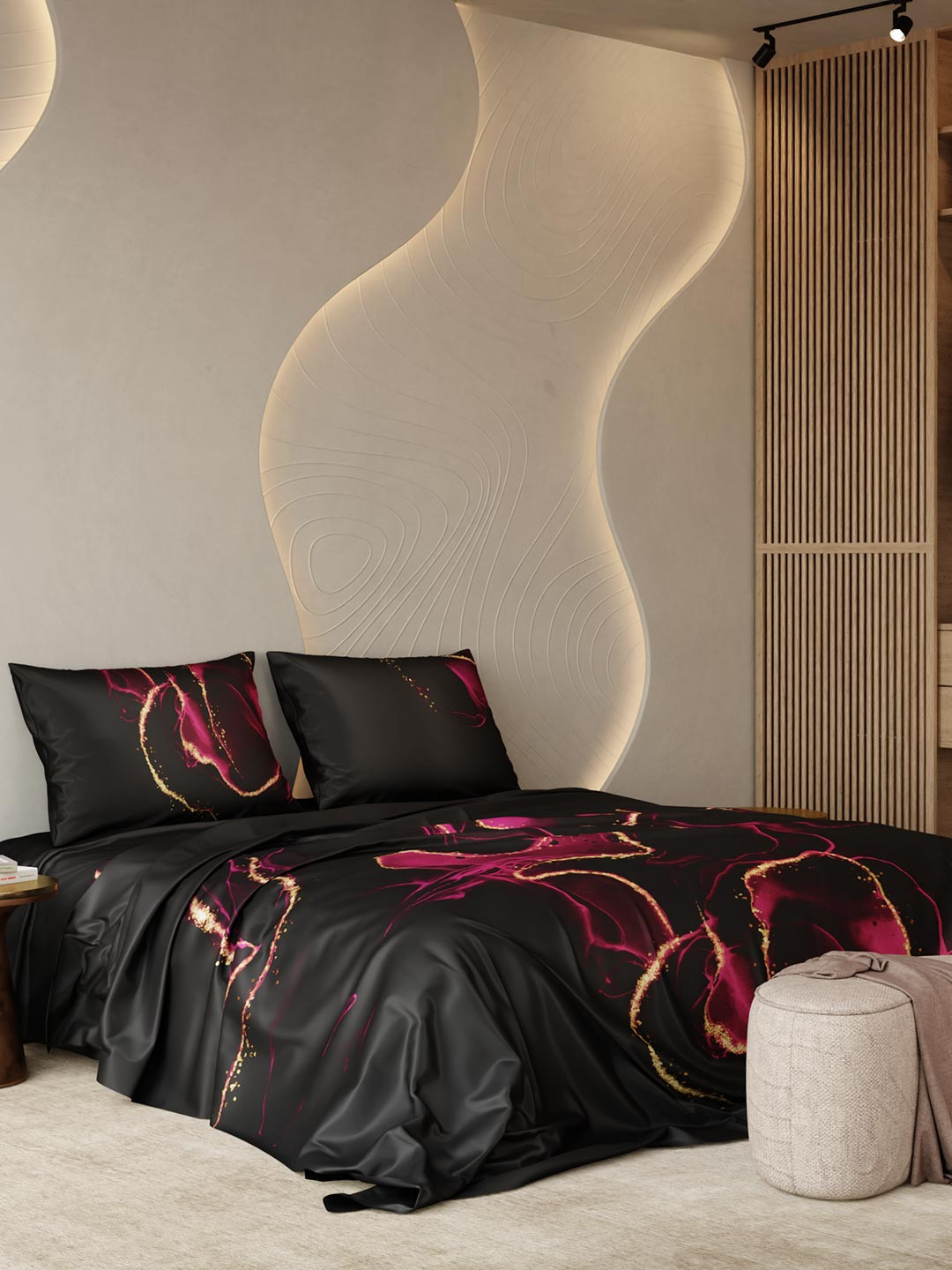 Stoa Paris Pink & Black Floral 300 TC Super King Bedsheet with 2 Pillow Covers