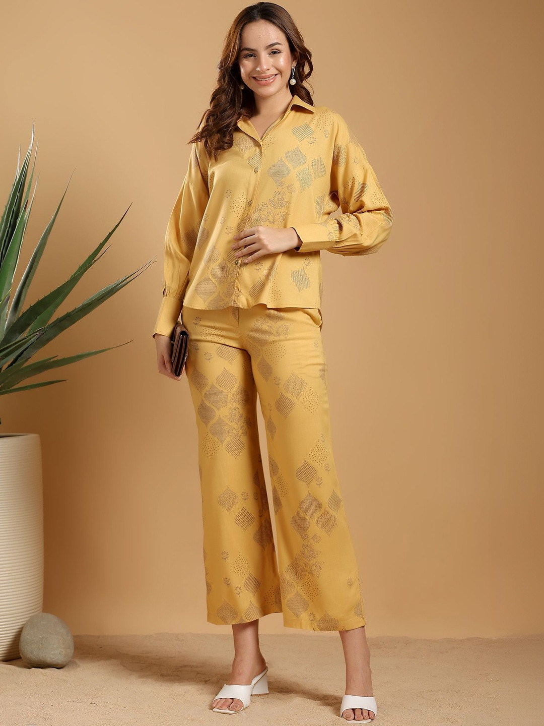YOUR FASHION STORY Printed Shirt Collar Shirt With Trouser Co-Ords