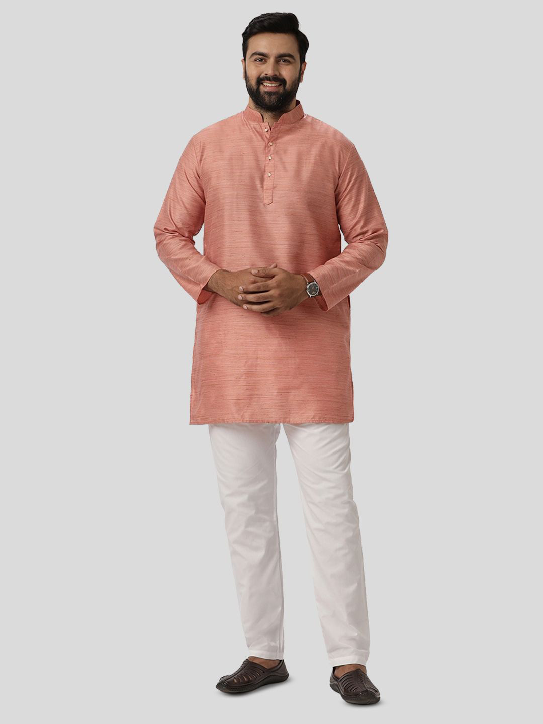 UATHAYAM Men Light Pink Kraft Cotton Blend Long Kurta