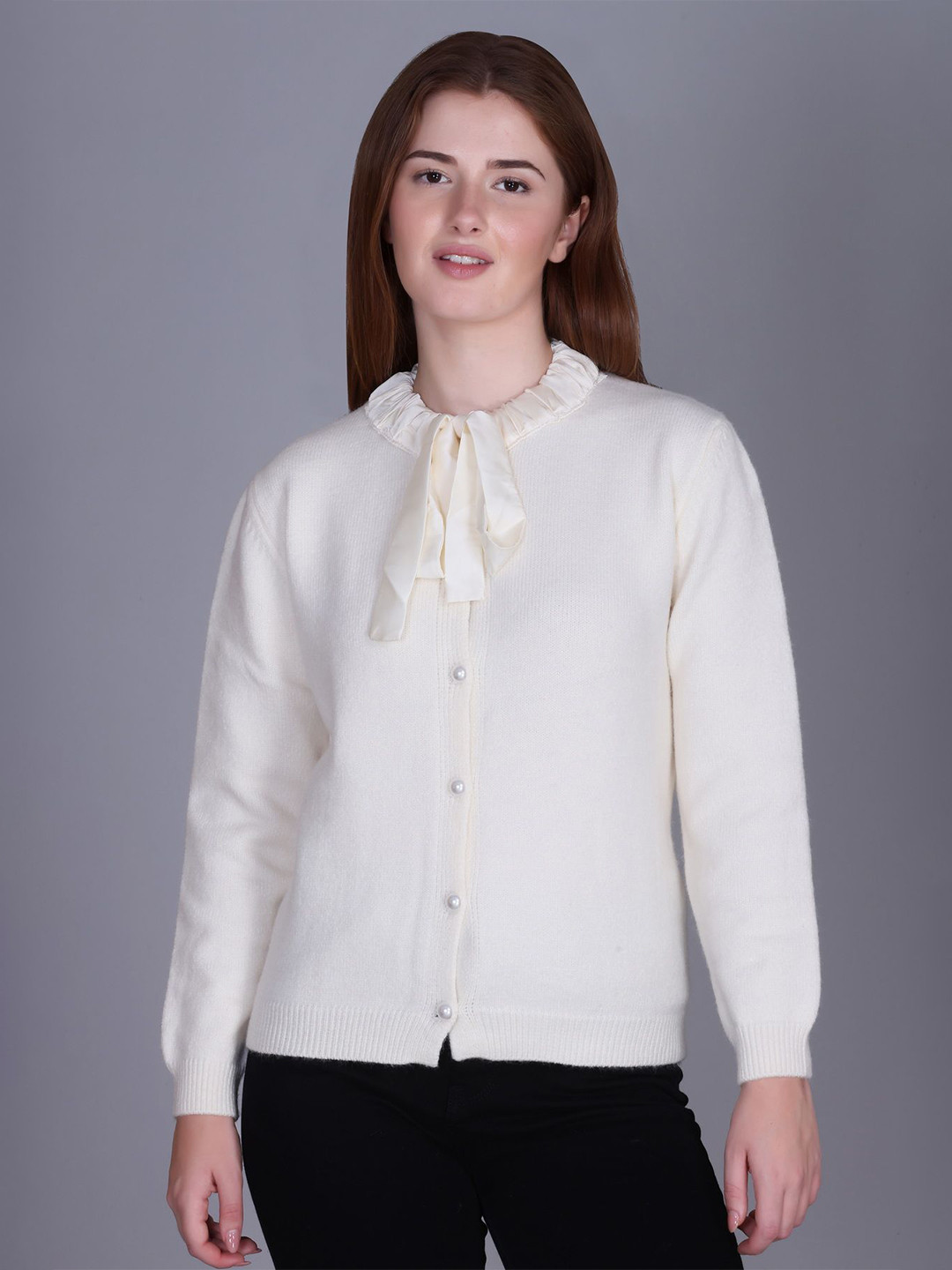 The Roadster Lifestyle Co Womens Off-White Buttoned Cardigan with Bow Tie Neck