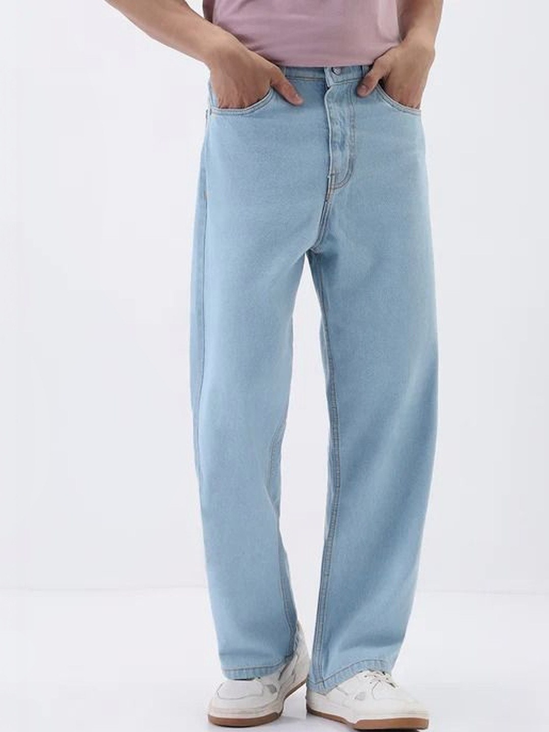 Niffar Fashion Men Wide Leg Mid-Rise Light Fade Applique Jeans