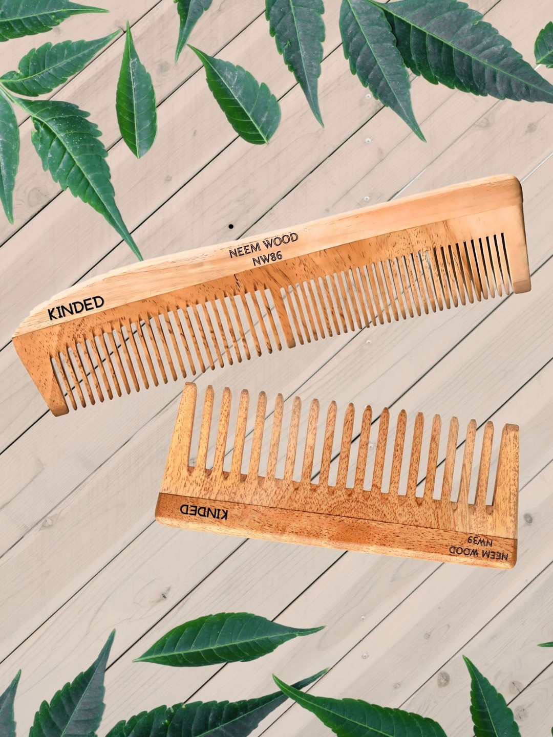 KINDED Set Of 2 Wide Tooth & Dual Tooth Wooden Hair Combs