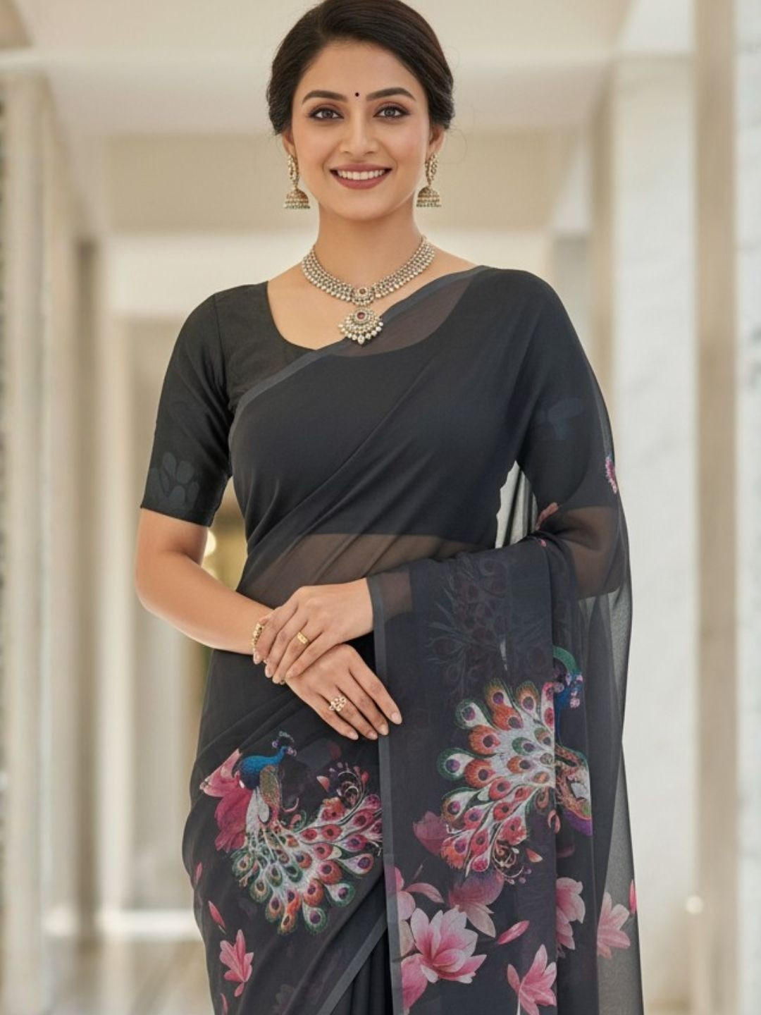 ZAMUNA Floral Pure Georgette Bhagalpuri Saree