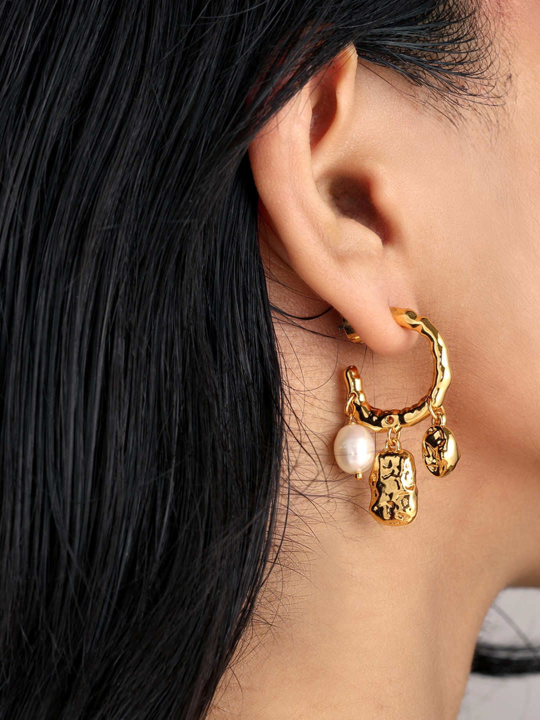 Sucra 14Kt Real Gold Plated Deco Drop Freshwater Pearls Studded Drop Earrings