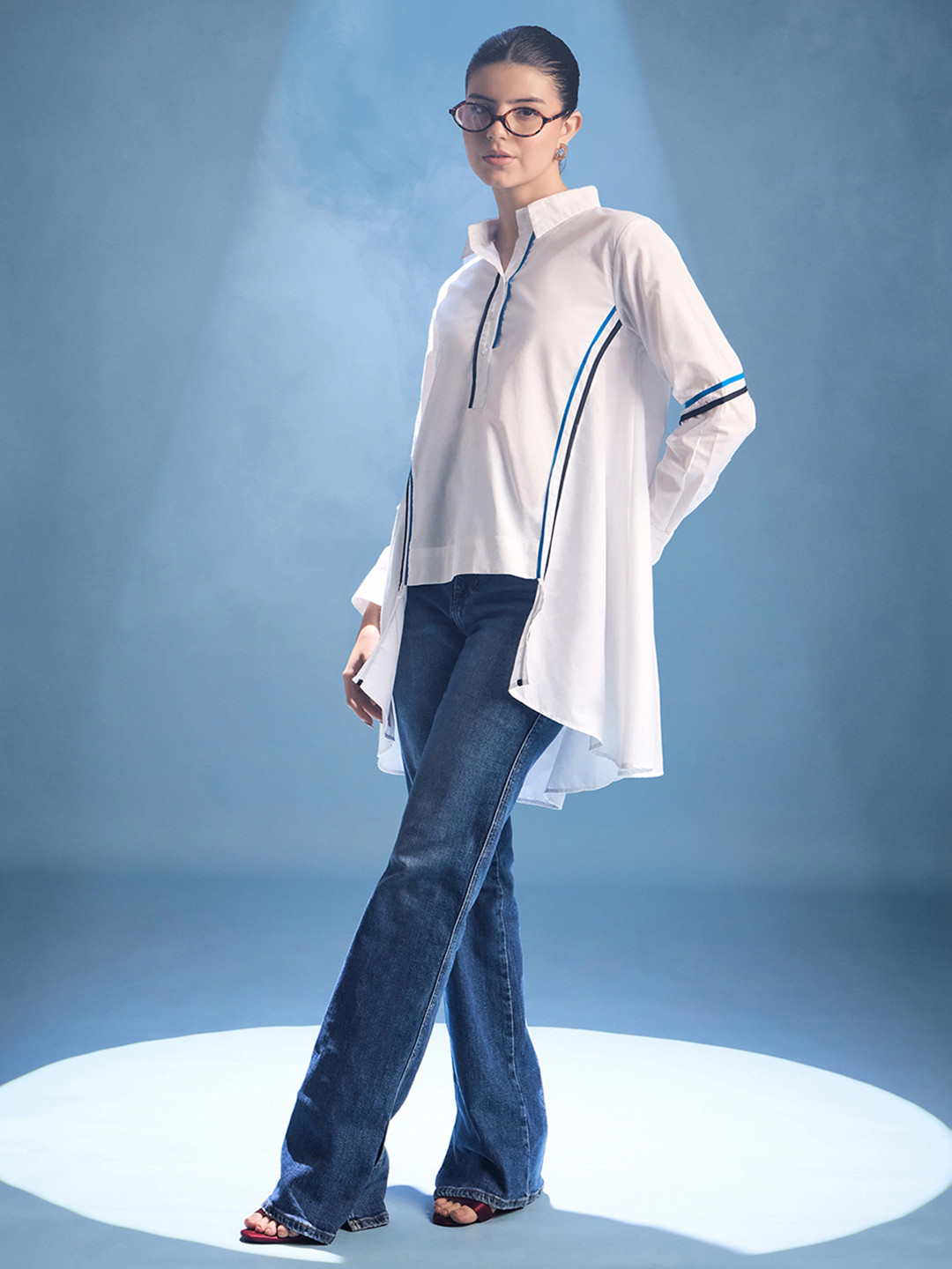 Uptownie Cotton Asymmetric Shirt with Contrast Color Stripes