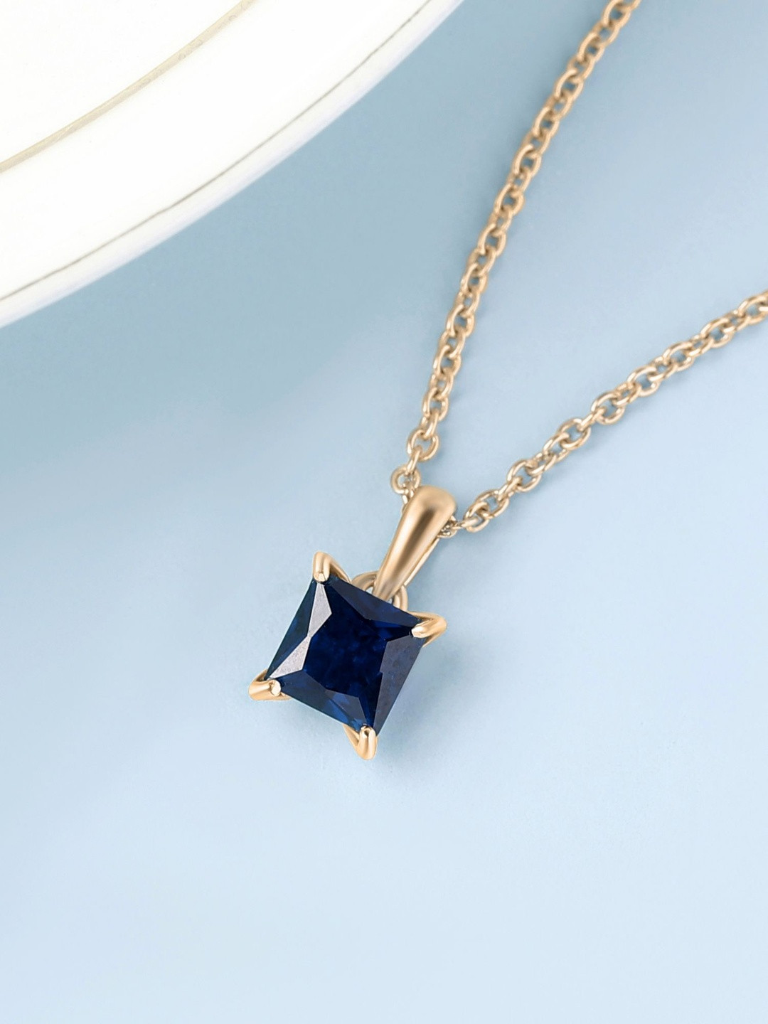 Ornate Jewels 18K Gold-Plated Blue Sapphire Princess Solitaire Pendants with Chains