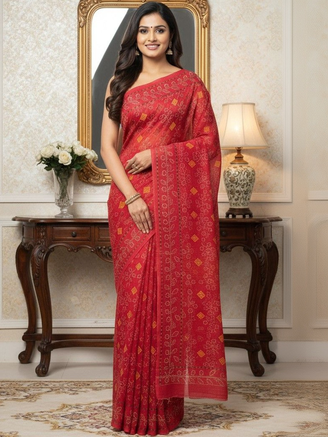BANARASI WALA Bandhani Pure Cotton Handloom Block Print Saree