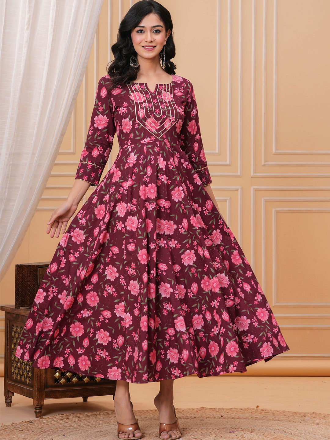 KIRNYA Floral Print A-Line Midi Dress