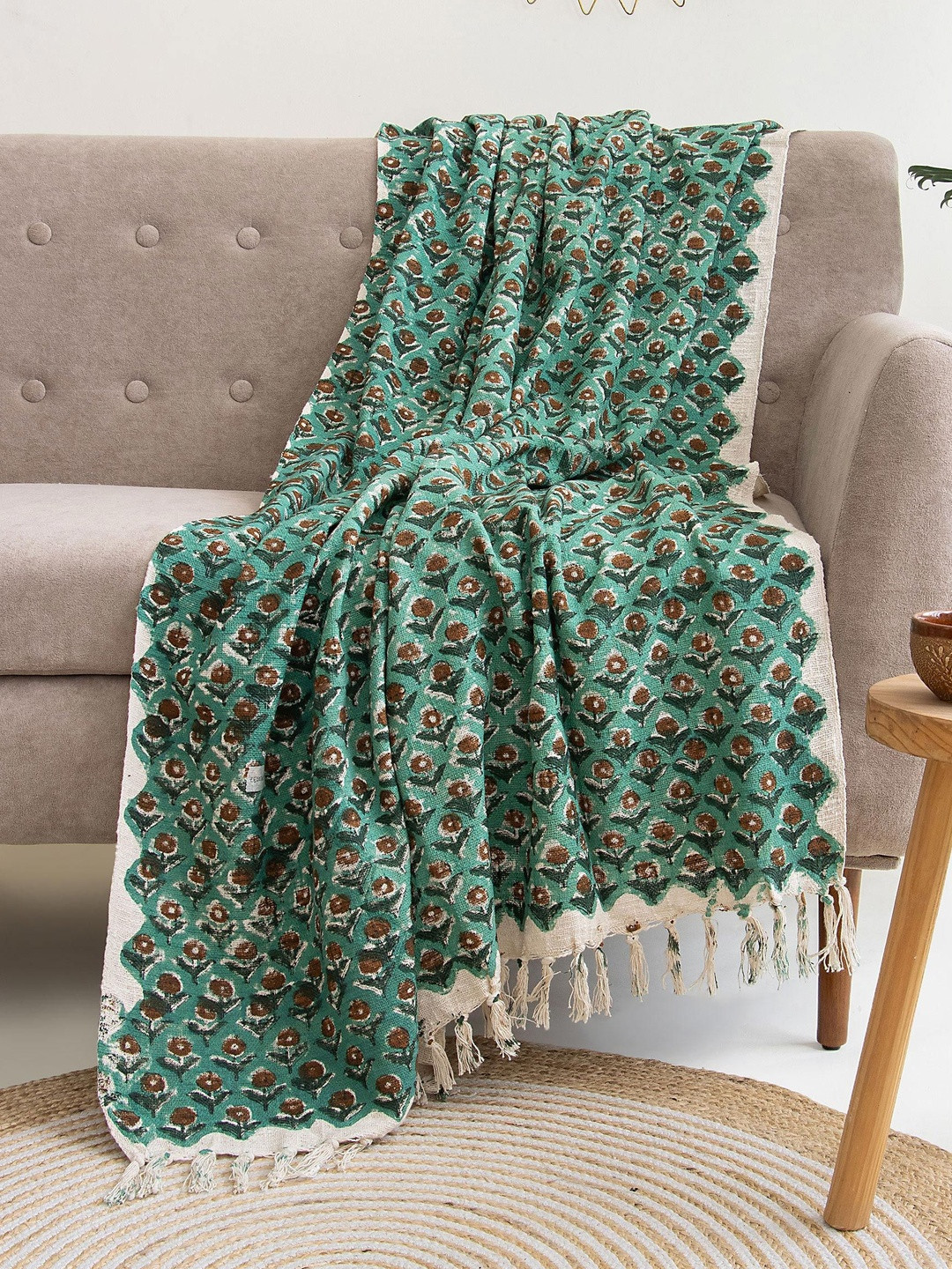 DMAASA Green & Brown Floral Printed Pure Cotton Sofa Throw