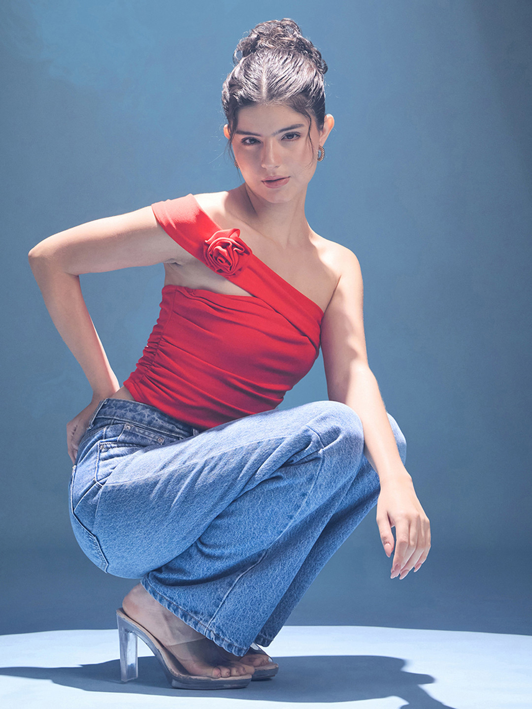 Uptownie Stretchable One Shoulder Rose Top