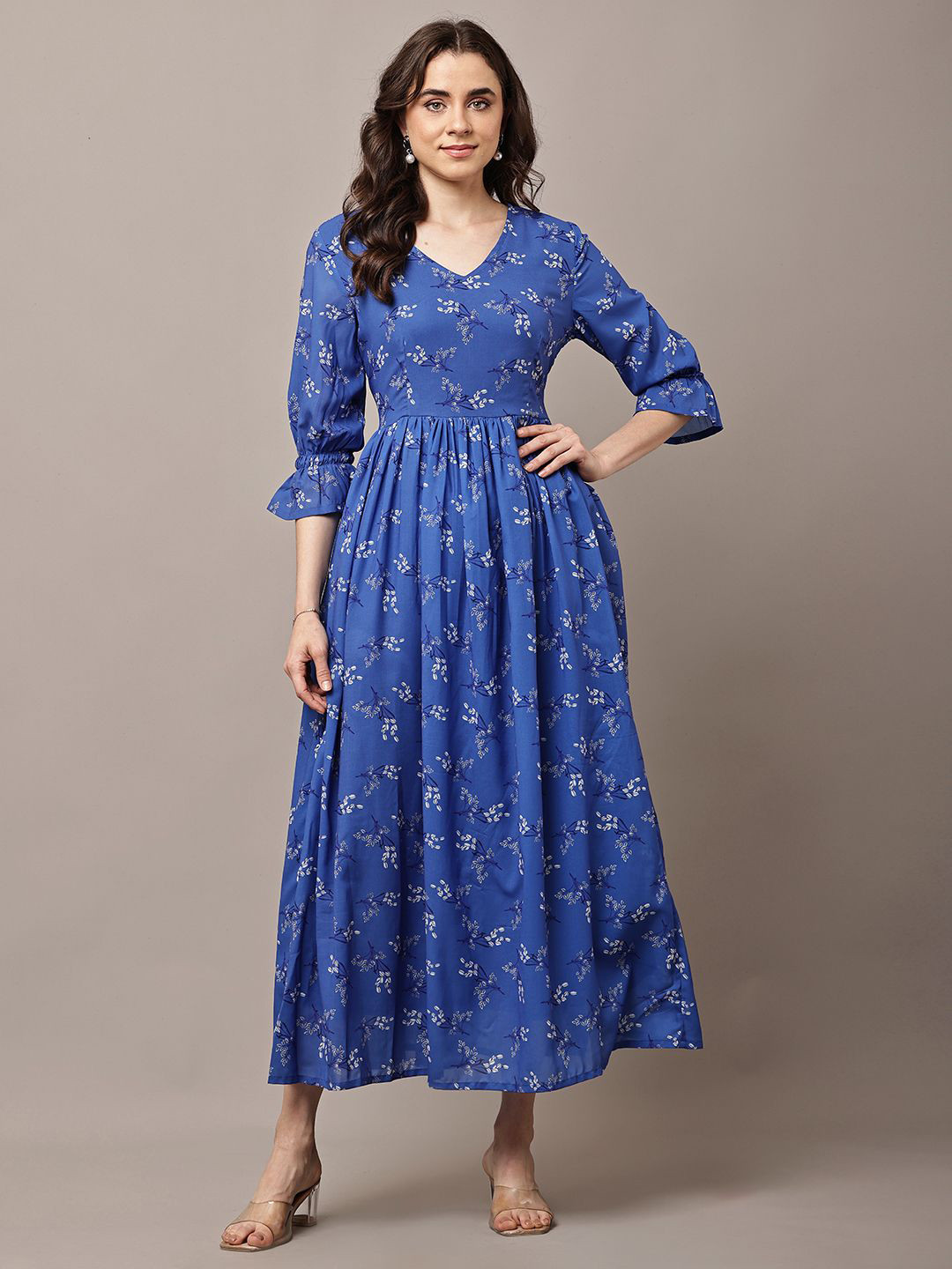 HERE&NOW Print Puff Sleeve Crepe Formal Maxi Dress