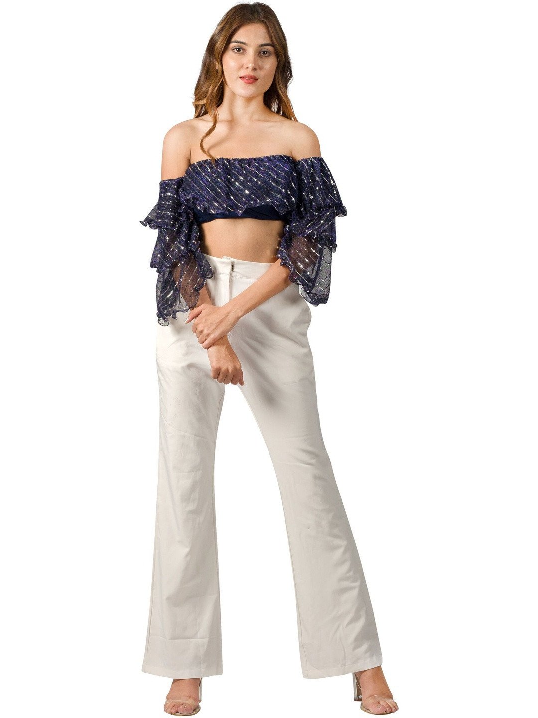 Purple Haze Embellished Off-Shoulder Flared Sleeve Crop Top