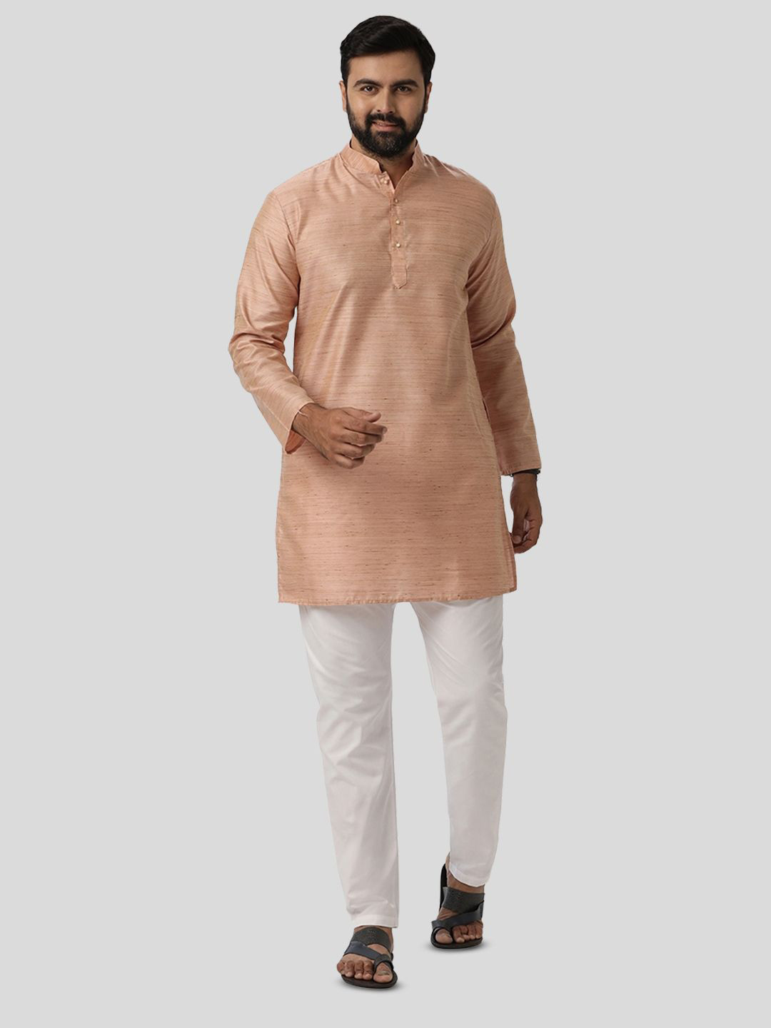 UATHAYAM Men Pastel Pink Kraft Cotton Blend Long Kurta