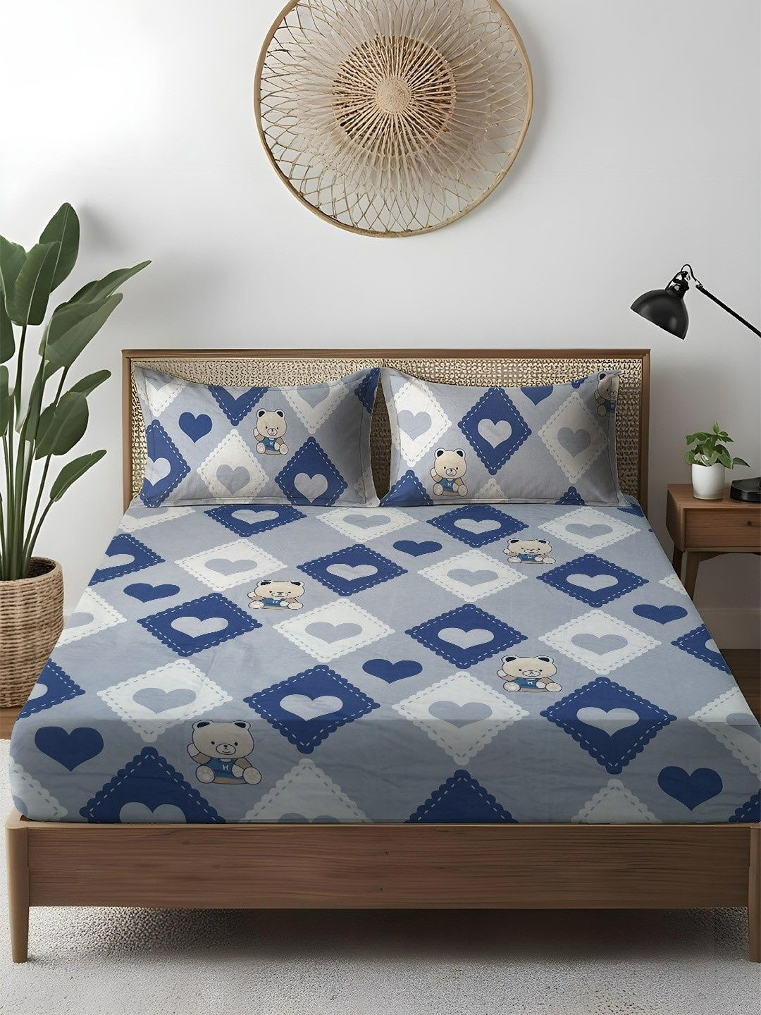 WEAVE AND DECOR Blue Cartoon Characters 300 TC King Bedsheet with 2 Pillow Covers