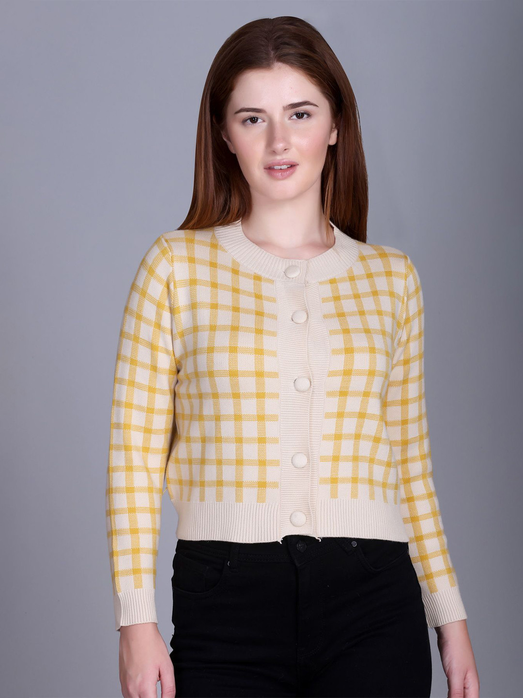 The Roadster Lifestyle Co Womens Yellow Checked Button-Up Knit Cardigan