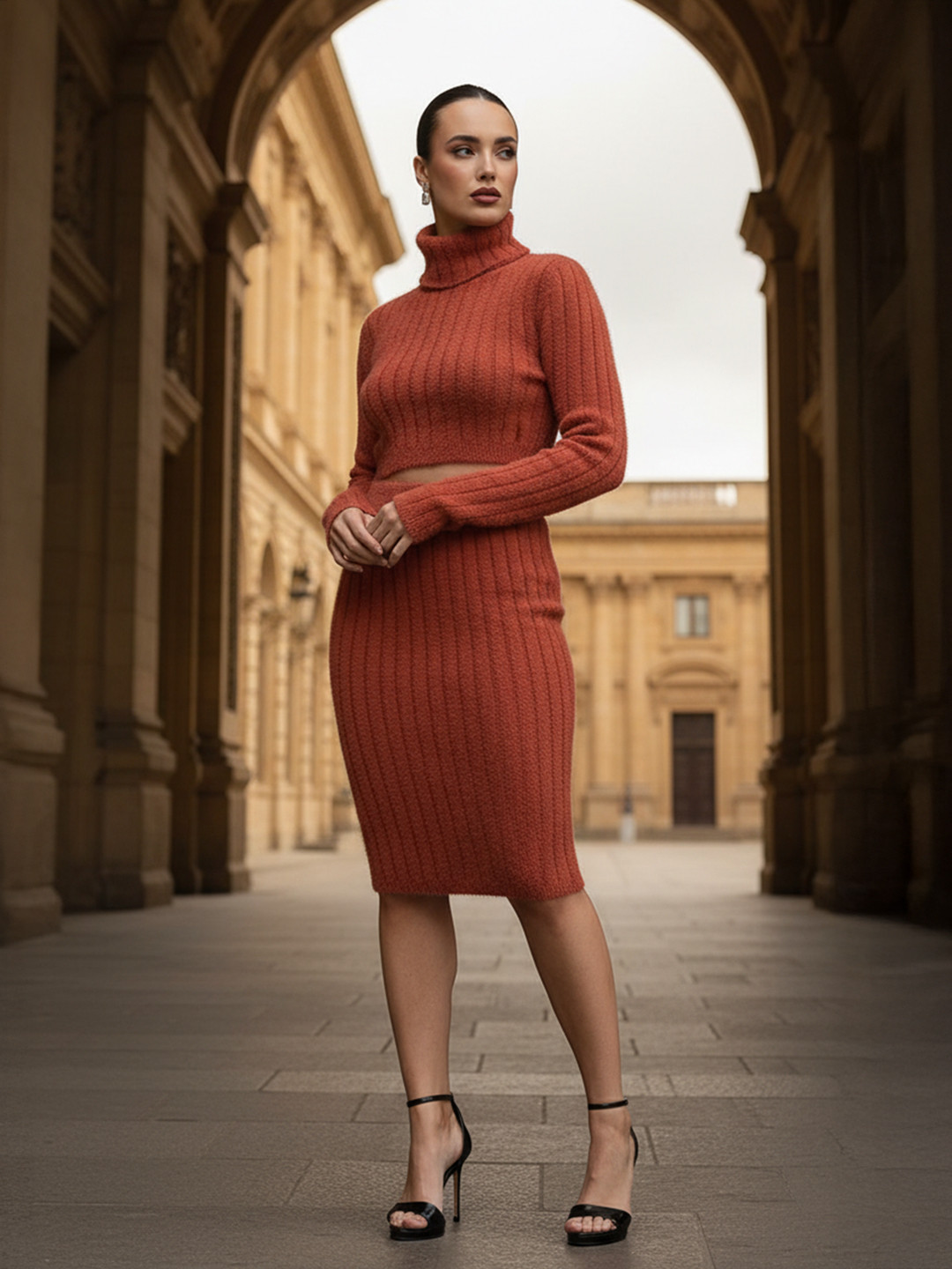 bebe Fuzzy Finish Self Striped Turtle Neck Crop Sweater With Skirt Co-Ords