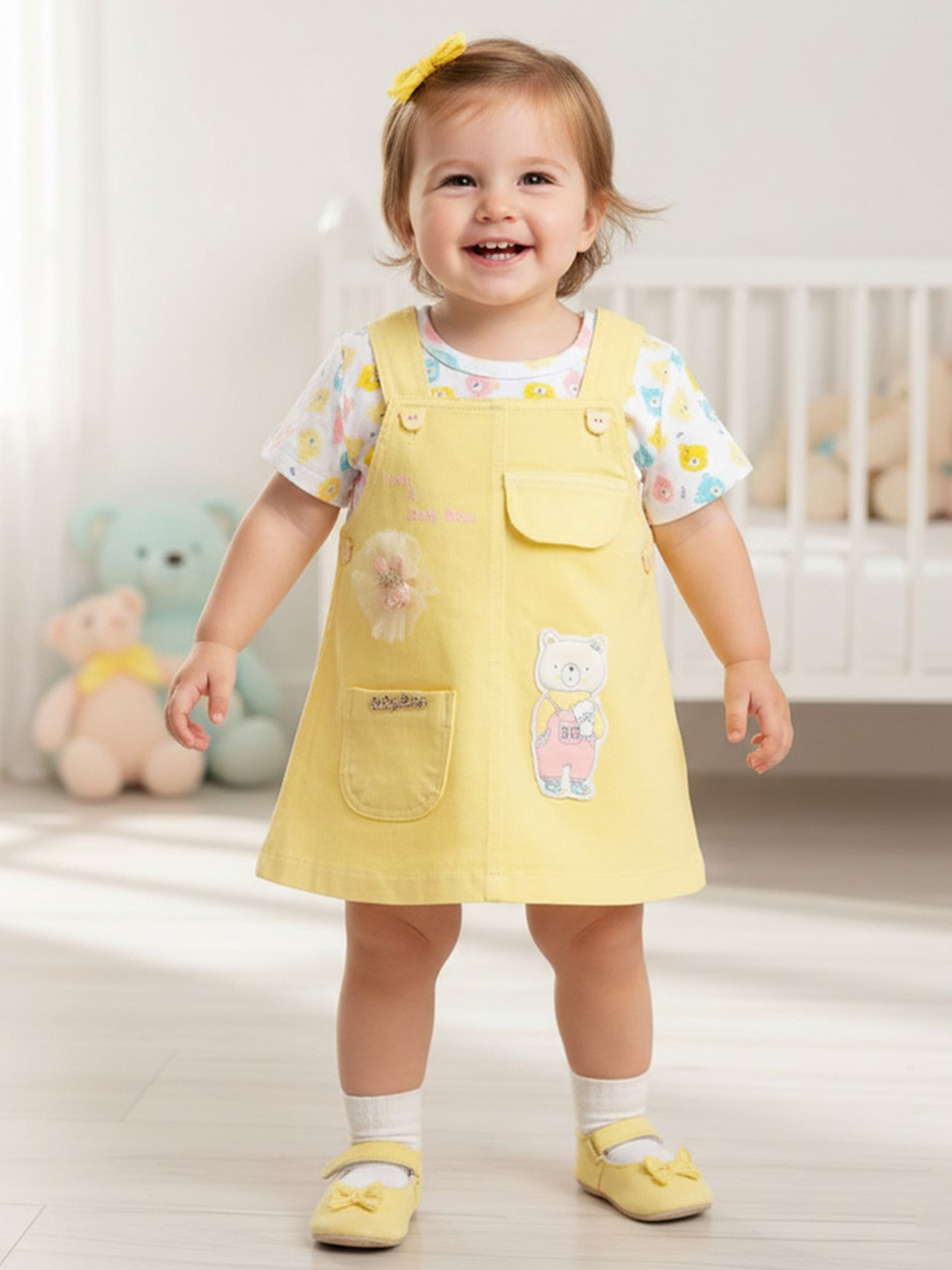 Babys Day Infant Girls Teddy Bear Printed Pure Cotton Dungaree With Top & Brief