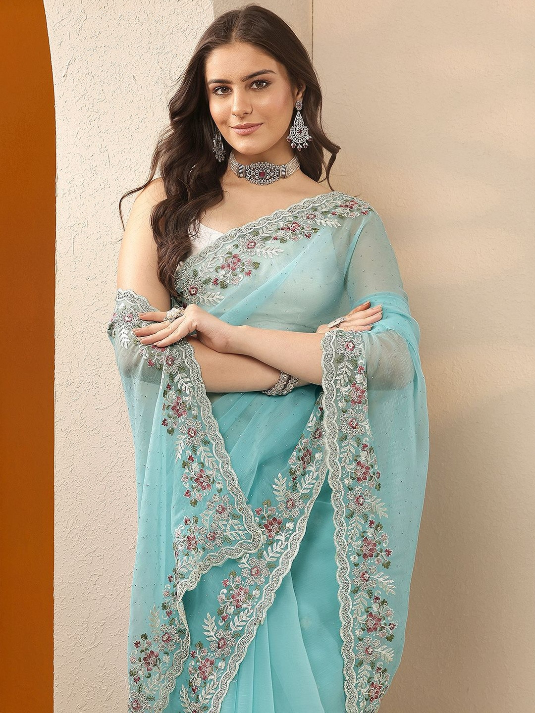 Libas Floral Embroidered Pure Chiffon Heavy Work Saree