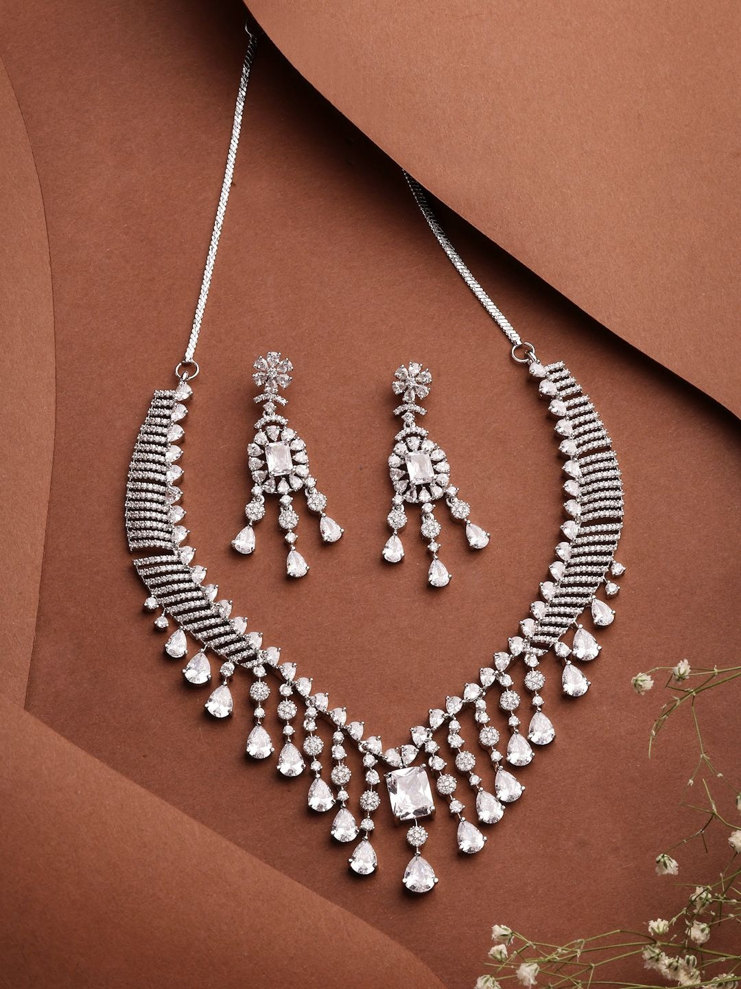 ZENEME Rhodium-Plated American Diamond Stone Studded Jewellery Set