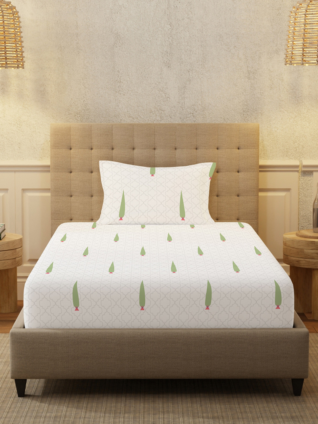 URBAN SPACE Pinewood White Conversational Cotton Breathable 200 TC Double Fine Bedsheet with a Pillow Cover-58 x 90 inches