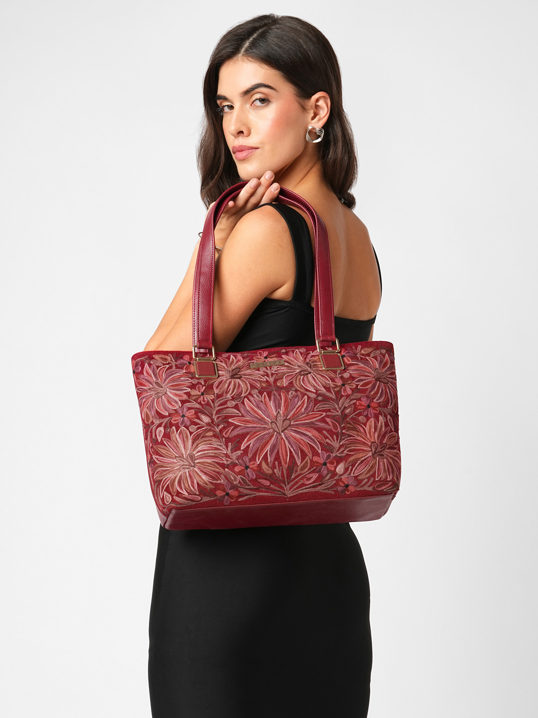 Caprese Ethnic Motifs Self Design Regular Structured Embroidered Tote Bag