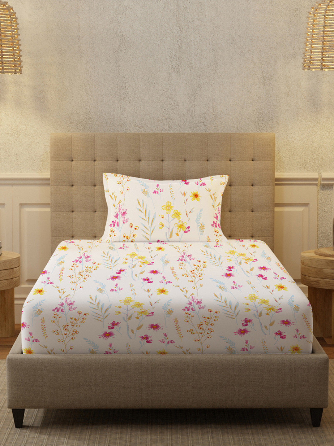 URBAN SPACE Yellow Floral Cotton 200 TC Double Fine Bedsheet with a Pillow Cover-56 x 90 inches