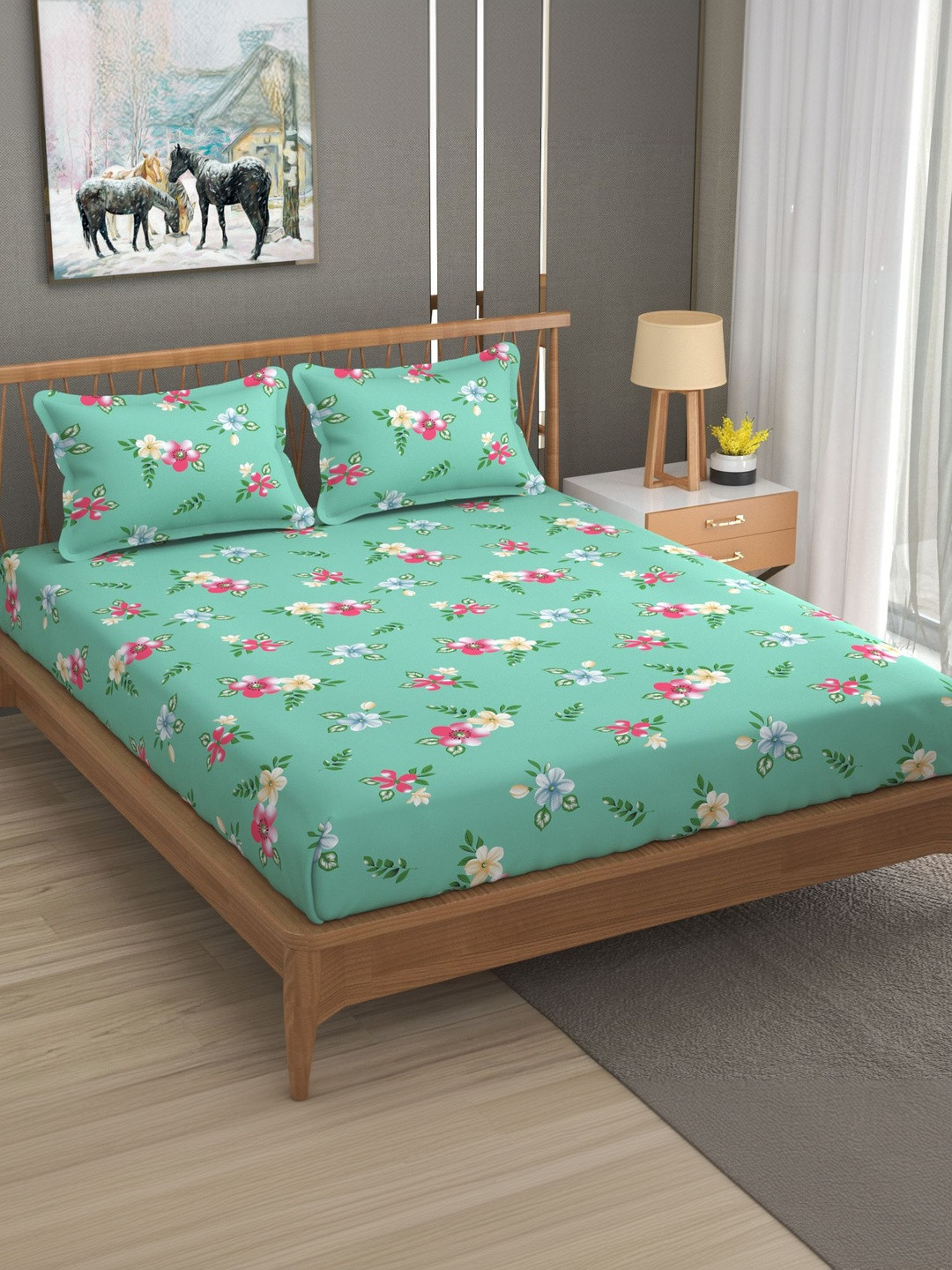 LA VERNE Sea Green Floral 110 TC Bedsheet with 2 Pillow Covers
