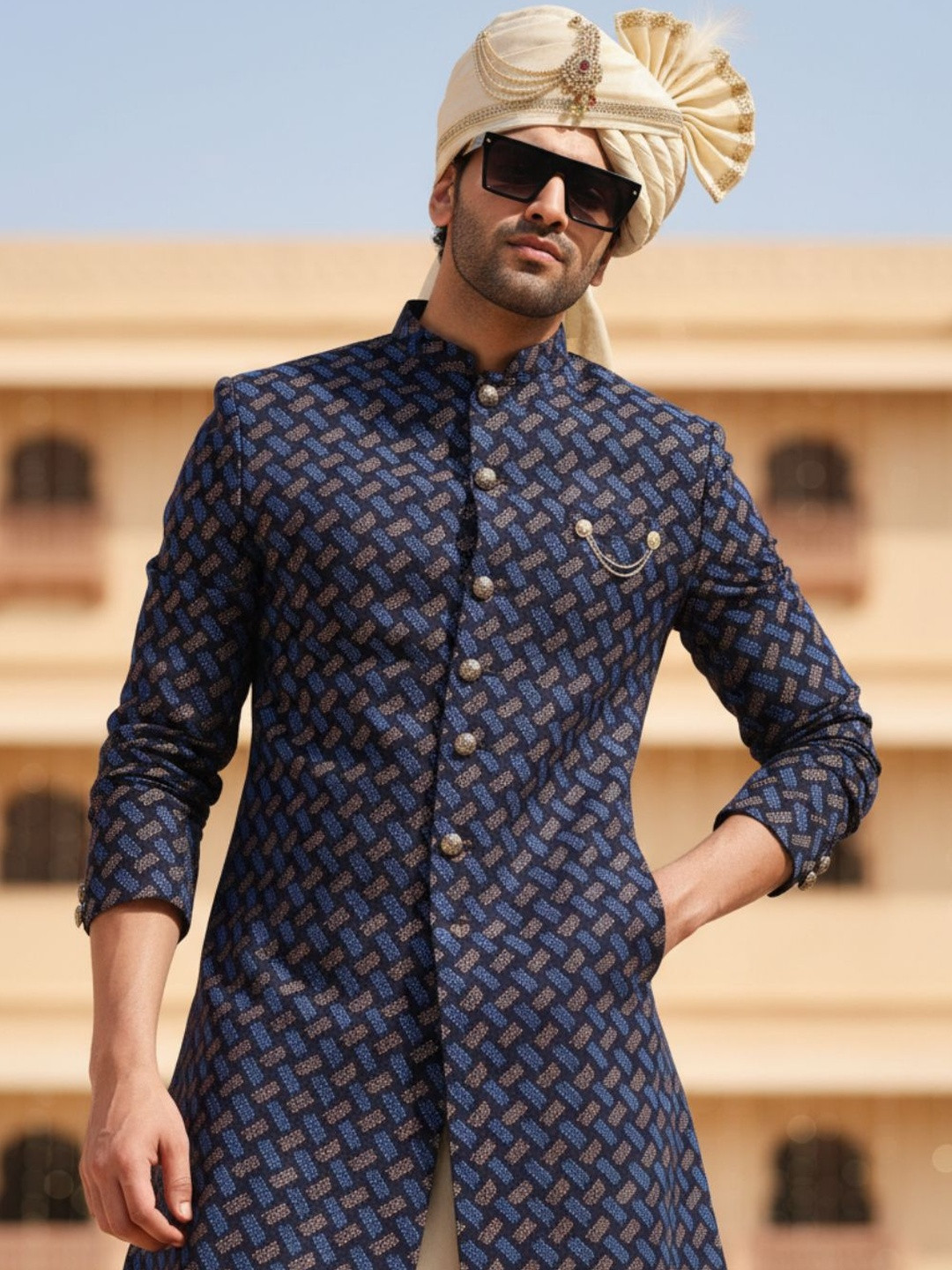KISAH Men Geometric Textured Indowestern Sherwani Churidar Set