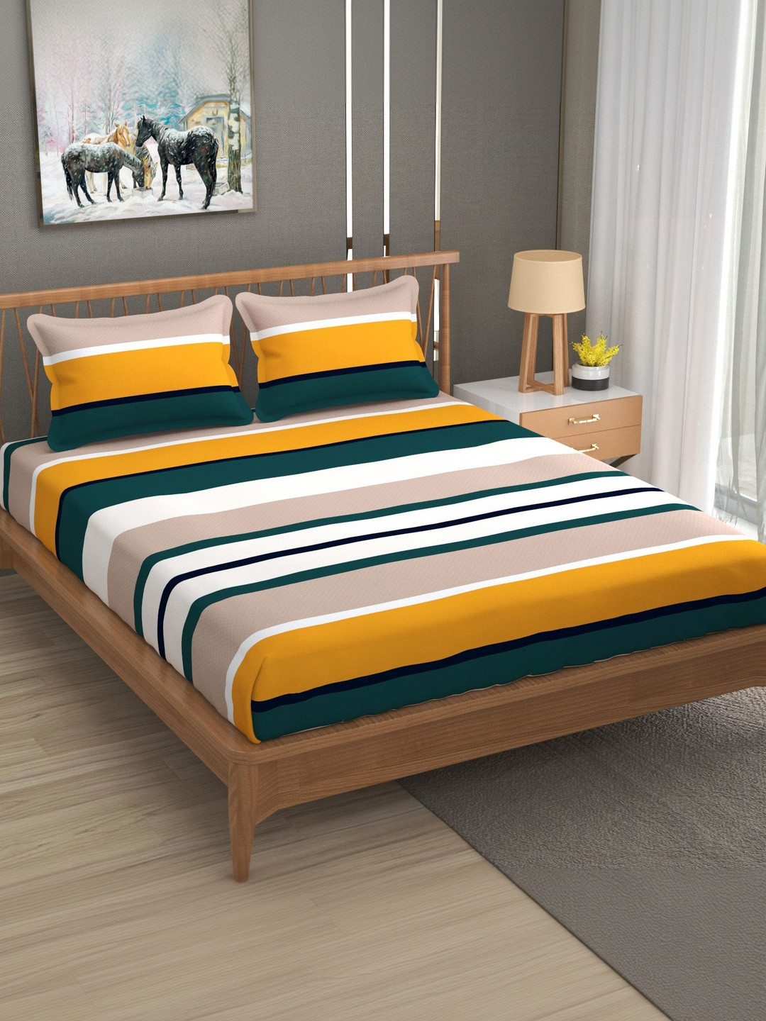 LA VERNE Yellow Striped Microfiber 110 TC Fitted Double Queen Bedsheet Set 2.28 m x 2.54 m
