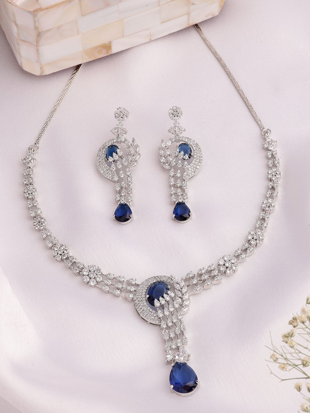 ZENEME Rhodium-Plated American Diamond Studded Jewellery Set