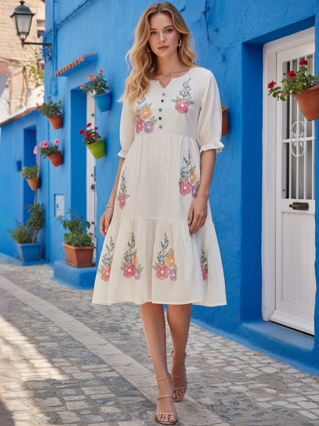 ZUMMER Floral Embroidered Puff Sleeve A-Line Dress