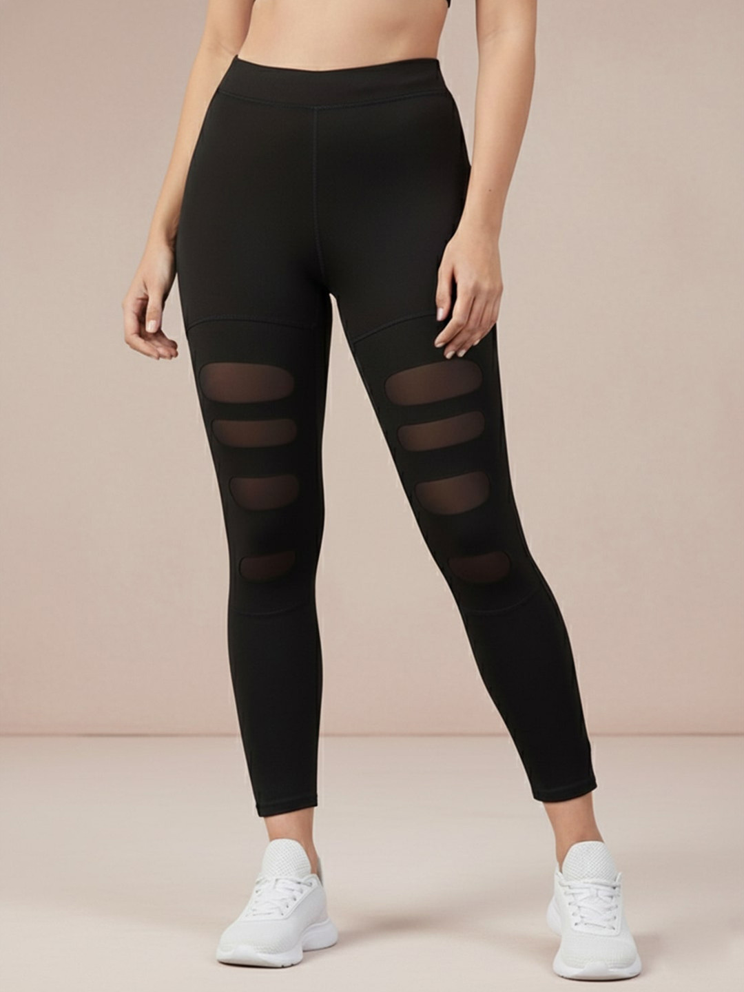 Blinkin Women Black Solid Mesh Inserts Semi-Sheer Gym Tights