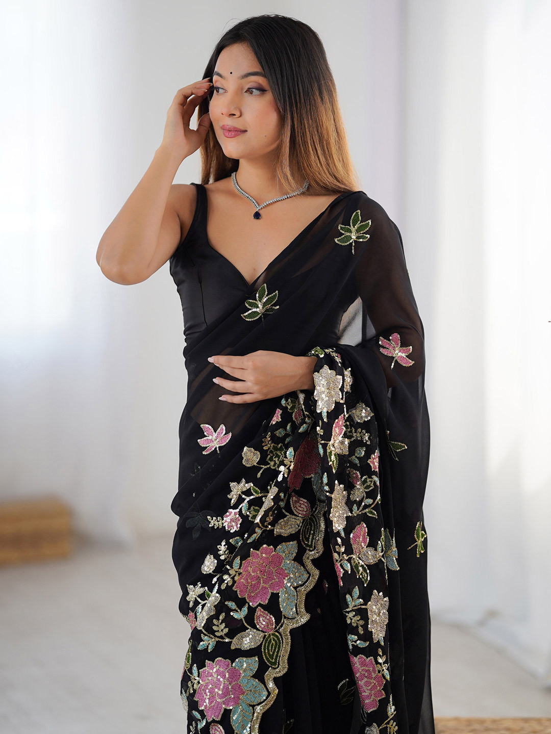 Sangria Sequin Embellished Saree With Matching Blouse