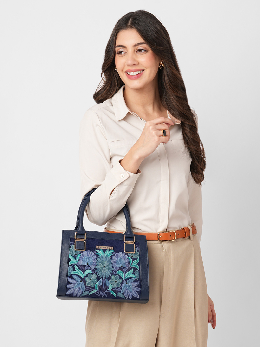 Caprese Floral Self Design Embroidered Structured Tote Bag With Detachable Sling Strap