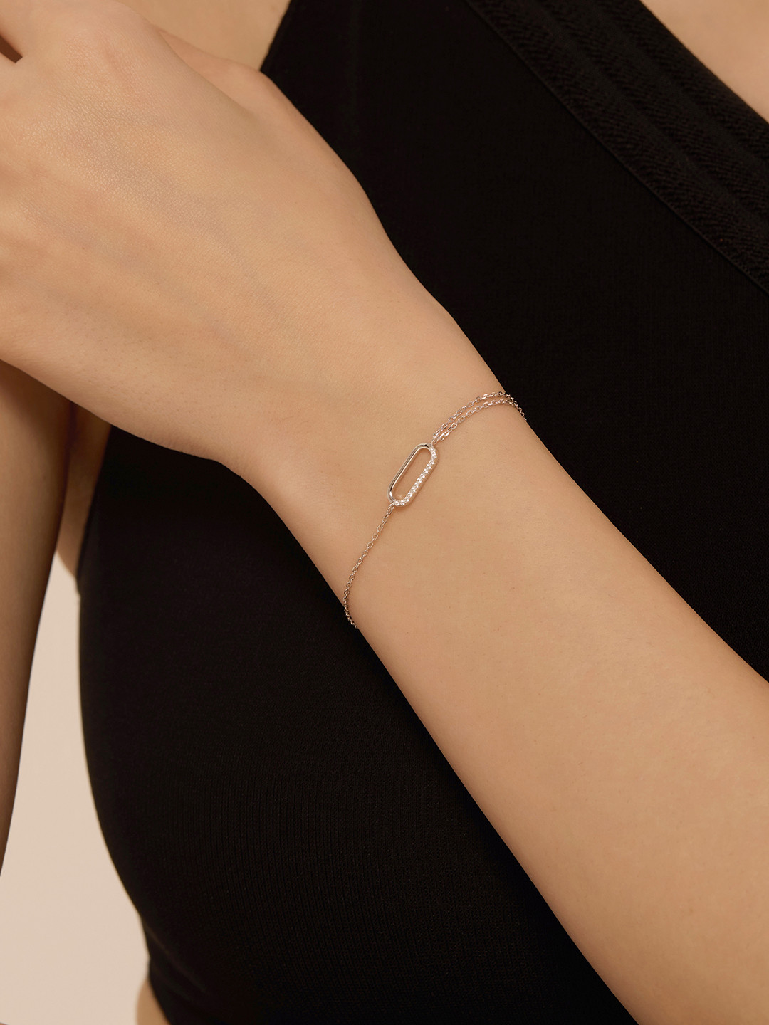 Nistra Lucky Charm Sterling Silver Rhodium-Plated Cubic Zirconia Studded Link Bracelet