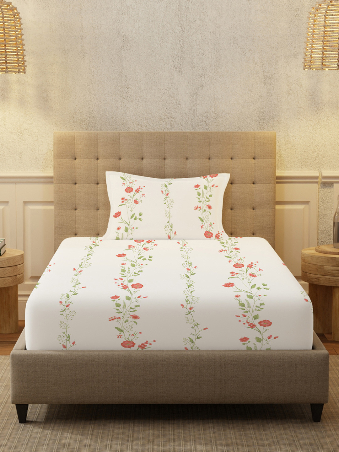 URBAN SPACE Serene Off White Floral Cotton Breathable 200 TC Double Fine Bedsheet with a Pillow Cover-90 x 58 inches