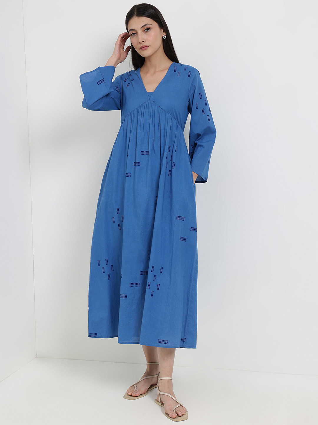 Pink Fort Women Blue Geometric Print A-Line Midi Cotton Dress
