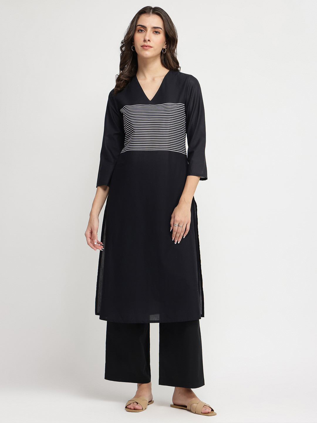 Pink Fort Women Pure Cotton Striped A-Line Kurta Set - Black & White