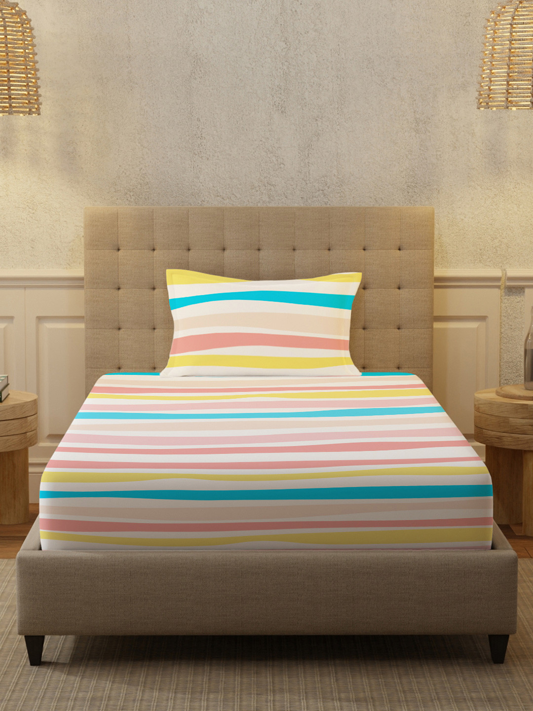 URBAN SPACE Serene White Striped Cotton 200 TC Single Fine Bedsheet with a Pillow Cover-147 x 228 cm
