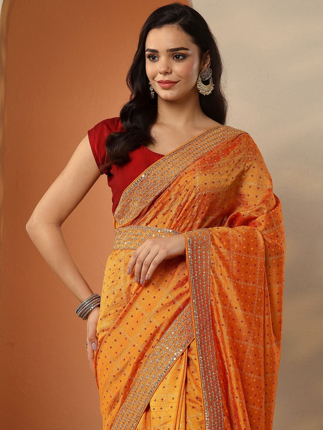 Libas Mustard Bandhani Printed Silk Blend Saree With Unstitched Blouse Piece